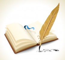 opened book with ink feather tool - vector illustration